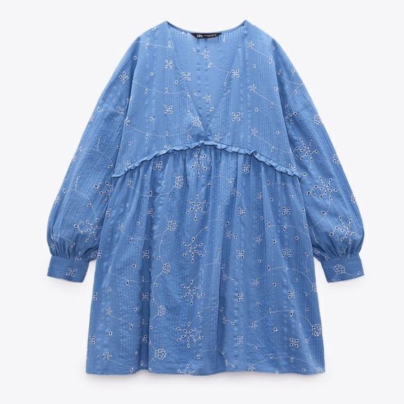 NEW ZARA SHORT EMBROIDERED DRESS BLUE V NECK LONG SLEEVES A LINE WOMENS SIZE M - Picture 5 of 8